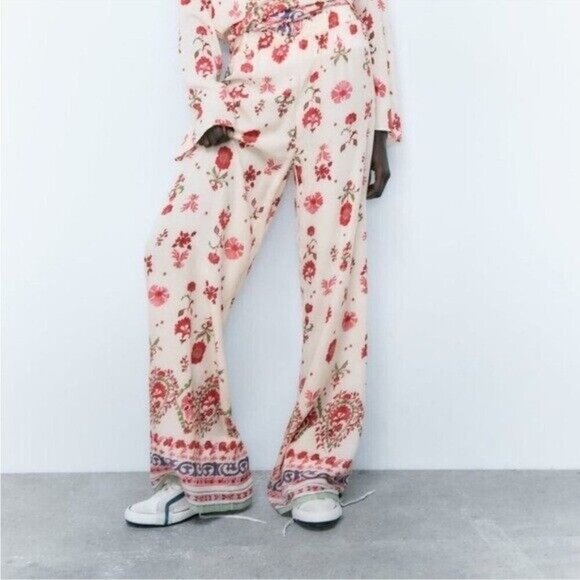 ZARA Multicolor Floral Lightweight Viscose Flowy Loose Fit Pants Size L NEW - Picture 1 of 8